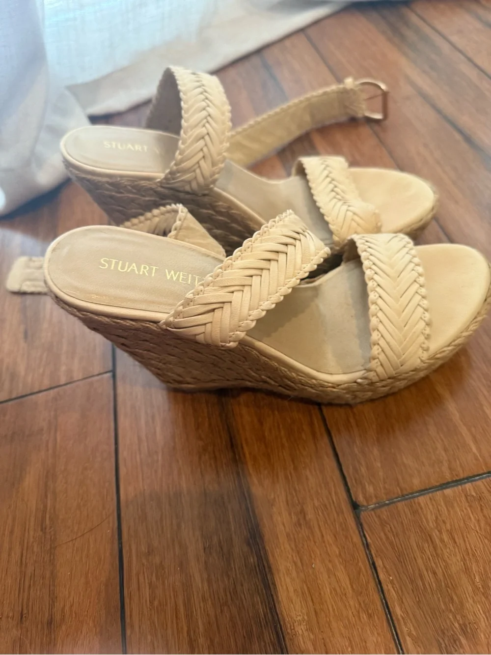Stuart Weitzman Cream Leather Braided Espadrille Wedge Sandals Size 9 - Picture 2 of 3